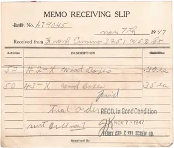 Delivery Ticket from 1947 to Ferry Cap & Set Screw.